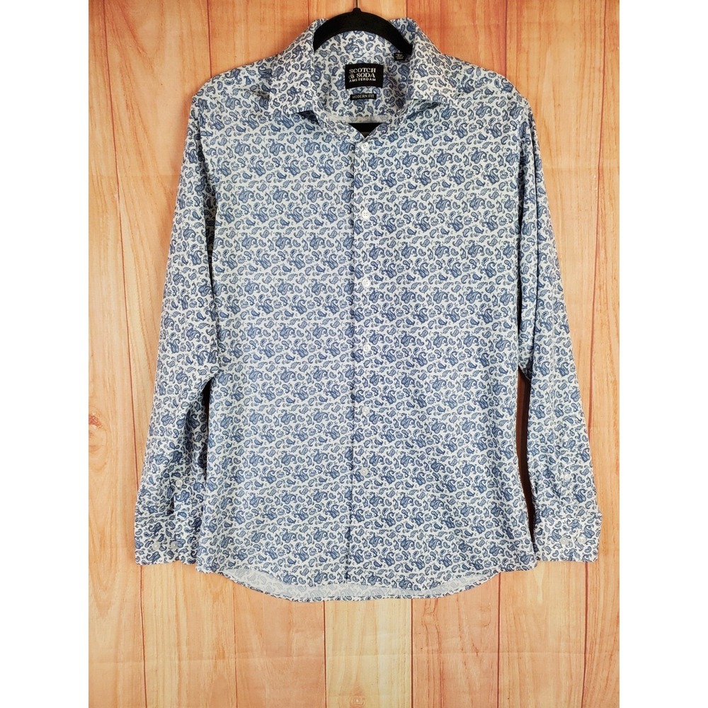 Scotch & Soda Mens Dress Shirt Sz 15.5 / 39 Blue White Modern Fit Paisley-Print